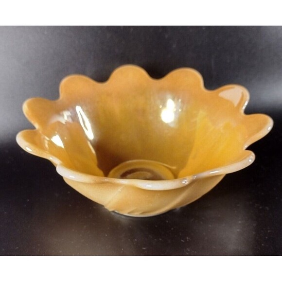 Fire King Lusterware Lotus Peach Bowl Trinket Dish Scalloped Edge Floral Vintage - Picture 1 of 5